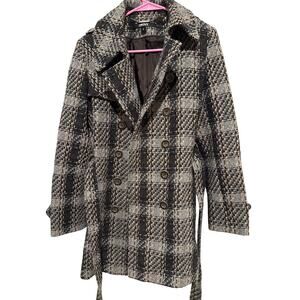 DKNY Women’s Size 8 Brown Gray Plaid Wool Blend Double Breasted Coat